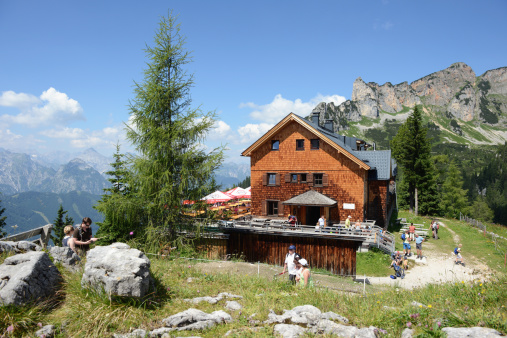 Tour du Montblanc beautiful mountain peaks and green valley. TMB trekking route scenic landscape in italian, swiss and french Alps in Courmayour, Aosta valley  Val Ferret alpine scene
