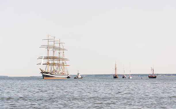 Krusenstern ship arrives to Tallinn Maritime Days Tallinn, Estonia - July 12, 2013:  Kruzenshtern or Krusenstern sail ship whit four tall masts arrives to Tallinn Maritime Days on July 12, 2013 in Tallinn, Estonia krusenstern stock pictures, royalty-free photos & images