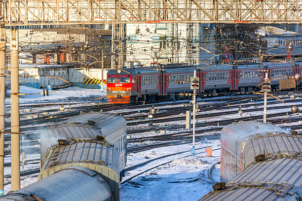 Moscow, Russia - March 12, 2013: Train arriving at the Kievsky Station in Moscow, Russia.