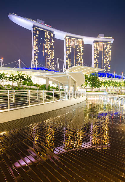 Singapore, Singapore - November 3 , 2012: Landmark of Singapore's Marina Bay - 55-storey hotel Marina Bay Sands featuring three towers connected by cruiseship-looking teracce on the roof