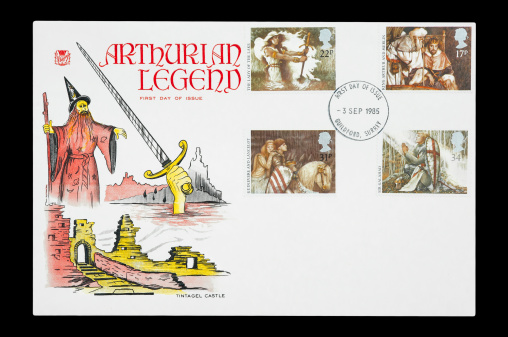 Yateley, Hampshire, UK - September 11, 2012: First day of issue mail stamp set, printed in the UK, circa 1985 featuring characters from the Arthurian Legends.
