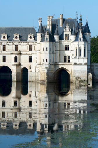 Vertical closeup photo of a young woman, in profile view,  looking over the reflections on theMirror Lake next to the French Renaissance castle at Azay-le-Rideau.\nLoire Valley, Maine et Loire Department, France. 31st March, 2019.