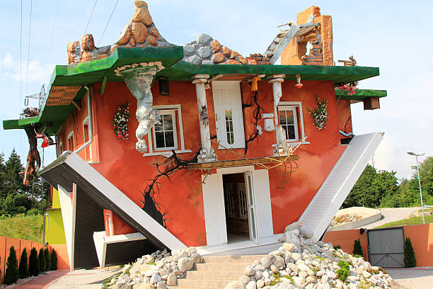 The Haus steht Kopf : flipped house in Tyrol, Austria stock photo