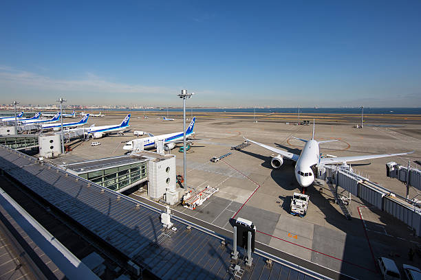 Tokyo, Japan - December 5, 2012: A chunk of All Nippon Airways passenger airplanes at Tokyo International Airport (Haneda Airport) Terminal 2 in Japan. All Nippon Airways is one of the largest airlines in Japan.