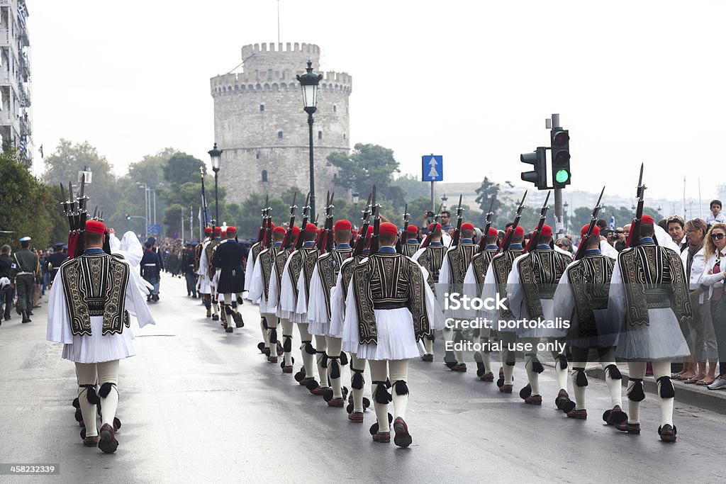 100th liberation anniversary from the City' Thessaloniki, Greece - October 27, 2012: 100th liberation anniversary from the City's 500 years Ottoman Empire Occupation; flown of the Greek flag on the White Tower Adulation Stock Photo