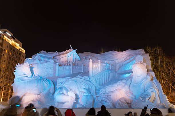 Poznan, Greater Poland, Poland - December 12, 2010: illuminated ice sculpture of frozen fractals made at V International Ice Sculpture Festival in Poznan at night.