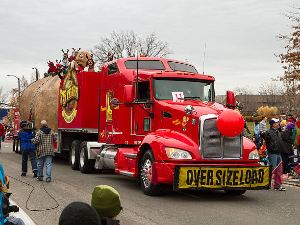 The large potato truck moves through town stock photo