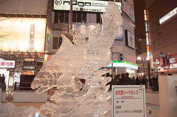 Coelacanth sculpture at 33rd Susukino Ice Festival Sapporo, Japan - February 8, 2013: The 33rd Susukino Ice Festival. Photo showing a sculpture of an ancient fish fall in the class of Coelacanth. An ice sculpture show and various events take place in the Ekimae-dori (Station Avenue) between Minami 4 and Minami 6 during the festival; including the Ice Sculpture Contest and a special photo opportunity to see the Ice Queen. coelacanth photos stock pictures, royalty-free photos & images