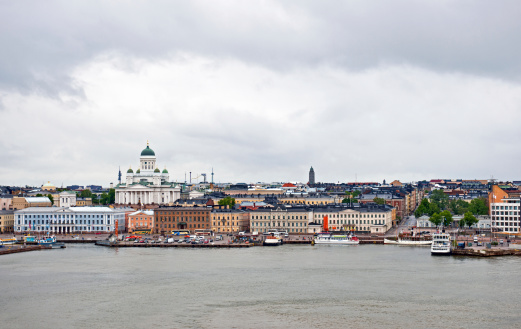 Helsinki, Finland - June 24th, 2012: Helsinki, as seen from Silja Line Cruise ship. Beautiful old centre of the Finnish capital with its Cathedral. Gulf of Finland, North Europe.