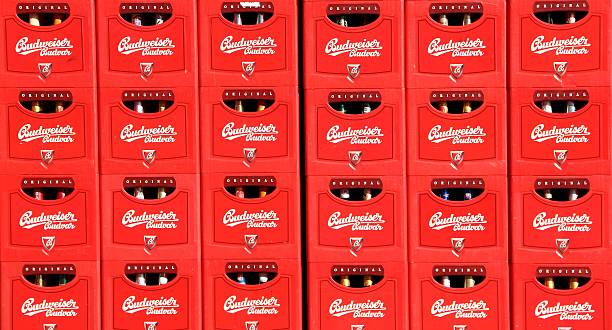 Crates of Budweiser Budvar beer Budweis, Czech Republic - November 3, 2012: Crates of beer, brand Budvar in the Budweiser Brewery in Ceske Budejovice (Budweis), Czech Republic. The Budweiser Budvar beer is brewed only in Ceske Budejovice (Budweis). cesky budejovice stock pictures, royalty-free photos & images