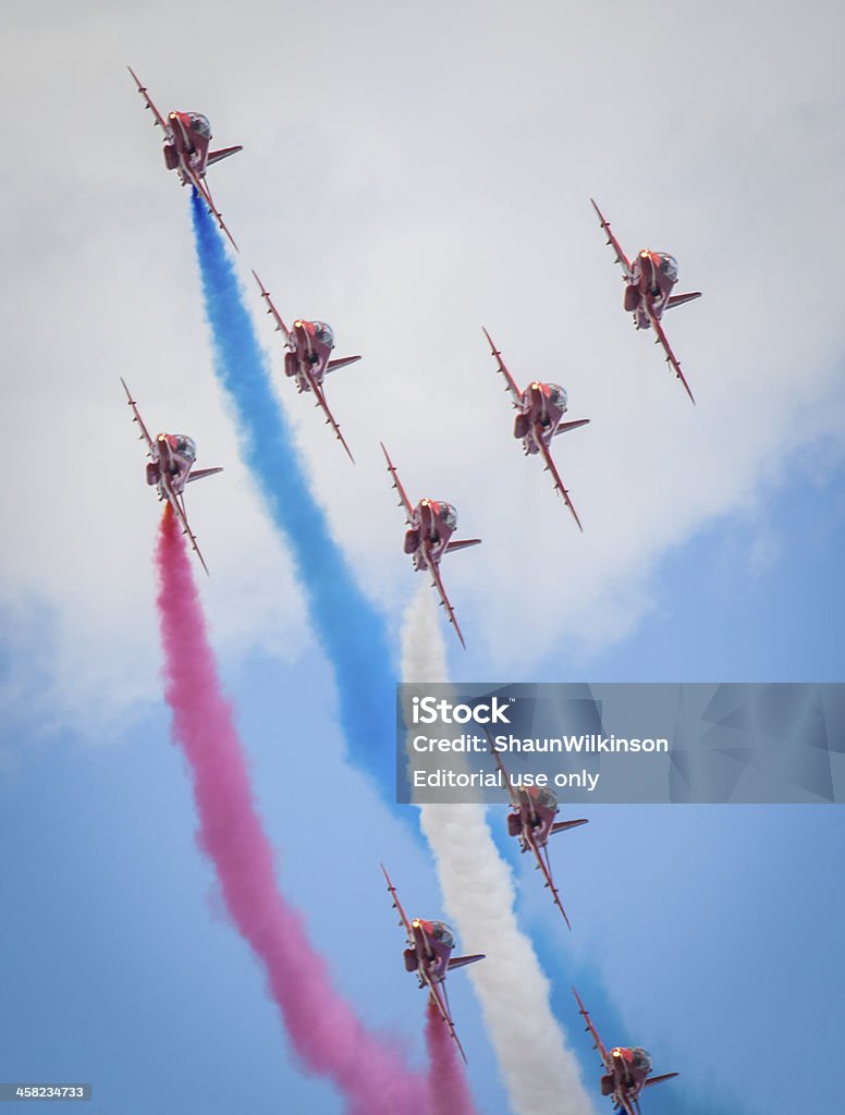 Red Arrows Cleethorpes, England - July 28, 2013: Royal Air Force aerobatic display team The Red Arrows put on a display at the Cleethorpes airshow. Aerobatics Stock Photo