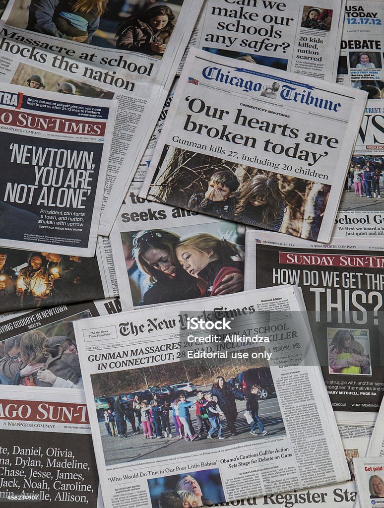 Sandy Hook school shooting newspaper collage Carol Stream, IL, USA, December 22, 2012: Sandy Hook school shooting collage. A pile of local and national newspapers, many of them with headlines on the front pages reporting stories in the days immediately following the school shooting at sandy hook, Newtown CN. Sandy Hook - Connecticut Stock Photo