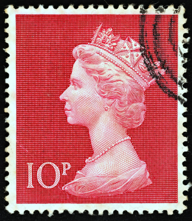 Exeter, United Kingdom - February 1, 2010: An English Ten Pence Used Postage Stamp showing Portrait of Queen Elizabeth 2nd, printed and issued between1970 and 1972