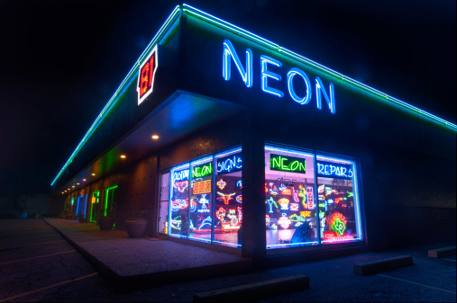 Neon Sign Store At Night Stock Photo Download Image Now - Blue, Business, - iStock