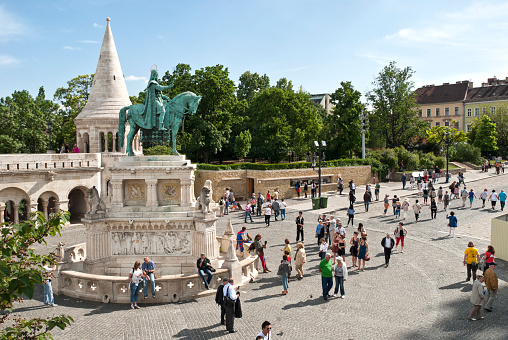 Budapest, Hungary- May 28, 2012:Fisherman Bastion on the Buda Castle hill, there are visible various people, on May 28, 2012 in Budapest, Hungary.The fishing bastion is a part of the Budaysky fortress, more precisely, its fortification. The bastion was constructed by the architect Frideshom Shuleky between 1895-1902 on a place of the old, partially collapsed walls of a fortress