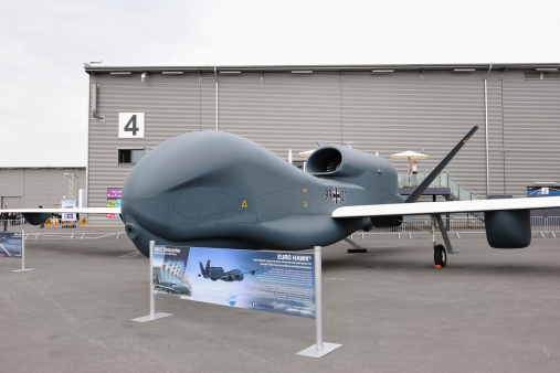 Berlin, Germany - September 11, 2012: EURO HAWK unmanned aerial vehicle on display at ILA Berlin Air Show 2012. The system is a variant of the RQ-4 Global Hawk surveillance aircraft and carries reconnaissance payload developed by EADS for the German Air Force. Unmanned aerial vehicles are one of today's aerospace hot topics.