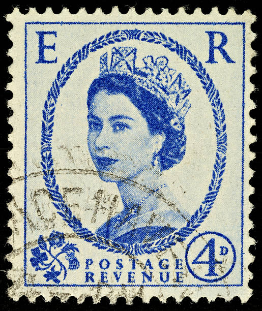 British Vintage Queen Elizabeth II Postage Stamp Exeter, United Kingdom - February 1, 2010: British Four Pence Blue Used Postage Stamp showing Portrait of Queen Elizabeth 2nd, printed and issued from 1952 to 1965 elizabeth ii photos stock pictures, royalty-free photos & images