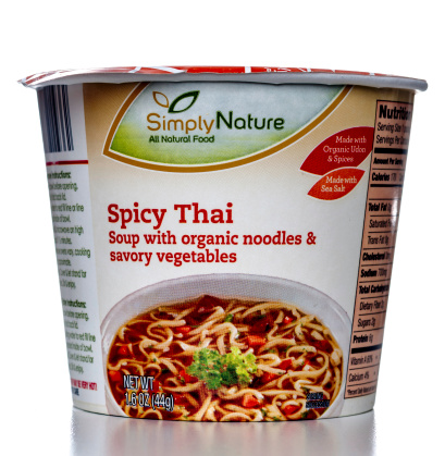Miami, USA - October 19, 2013: Simply Nature Spicy Thai soup 1.6 OZ jar. Simply Nature brand is owned by Aldi, Inc.