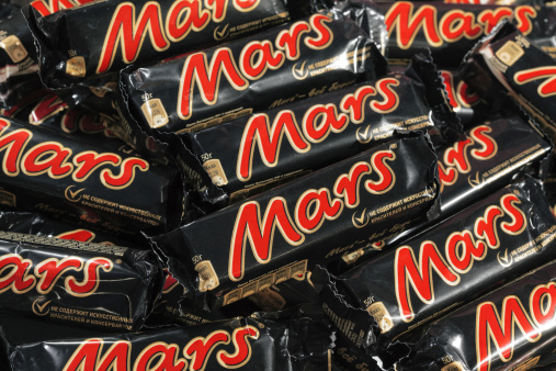 Tula, Russia - January 12, 2013: Closeup of many Mars candy chocolat bars