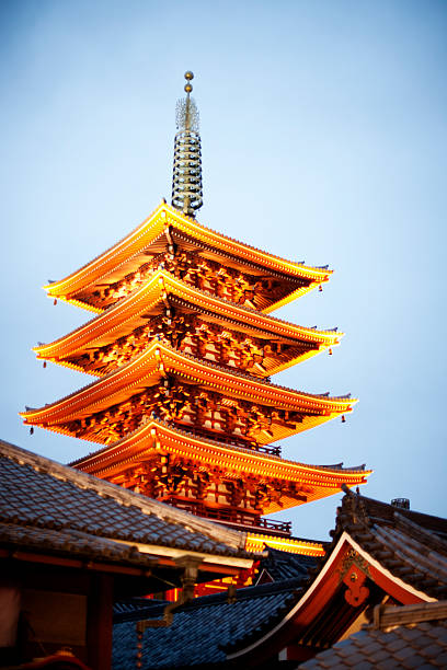 Tokyo, Japan - October 31, 2010: A Ornate roof of the Pagoda at the Senso-ji Temple, Asakusa, Tokyo at night.