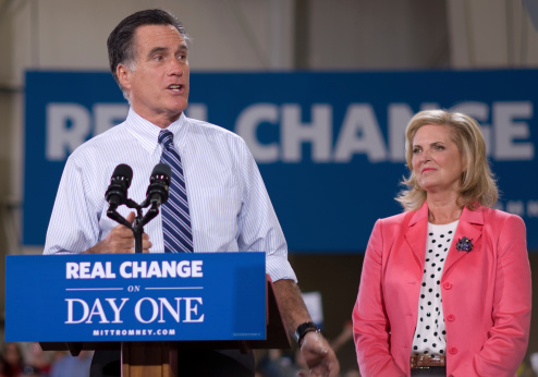 Colorado Springs, CO, USA - November 3, 2012: Mitt and Ann Romney stopped at a rally at the airport in Colorado Springs during a final swing through battleground states to capture votes.