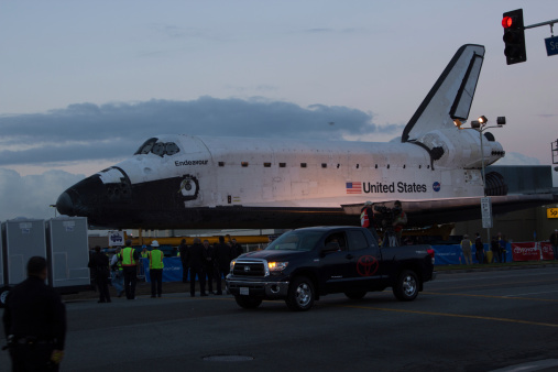 Los Angeles, USA - October 12, 2012:  Shuttle Endeavour moves across the streets of Los Angeles on Oct 12, 2012.  The retirement of the shuttle fleet marks an end of an era in American space exploration.