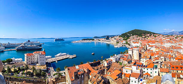 Split city, Croatia, may 9, 2013, Panoramic view of the port and city depicting Diocletian's palace. Split is a famous tourist city in the Adriatic sea with many visits of cruise ships.