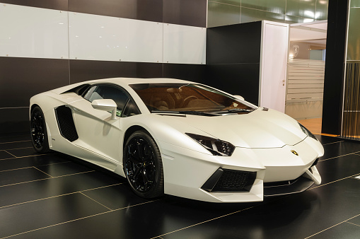 Brussels, Belgium - January 10, 2012: White Lamborghini Aventador sports car on display during the 2012 Brussels Motor Show.