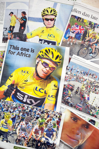 Amsterdam, the Netherlands - July 22, 2013: A collection of Dutch newspapers with publications of the winner 2013 Tour de France, the British rider Chris Froome of Team Sky. Chris Froome, born in Kenia in 1985, is an British professional road racing cyclist. This Tour de France was the 100th Tour de France. It started in Corsica on 29 June 2013 and finished in Paris on 21 July 2013. The tour was the first to be completed only on French soil since 2003. The race covered a total of 3,403 kilometres (2,115 miles). Froome pulled on the yellow jersey for the first time after the eighth stage and from then on was never really challenged, he also won three stages. Froome dedicated his win to Africa where his roots are. The second place was for the Colombian Nairo Quintana and the third place for the Spaniard Joaquim Rodriguez. Bradley Wiggins won the 2012 title but he was unfit to race and his team-mate Froome has lead the Team Sky of 2013.