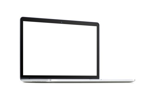 Front view of a rotated at a slight angle modern laptop with blank screenisolated on white background. High quality.
