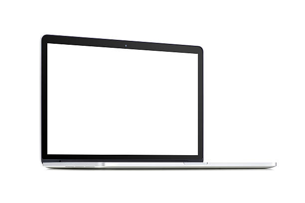 Front view of a rotated modern laptop with blank screen Front view of a rotated at a slight angle modern laptop with blank screenisolated on white background. High quality. angle stock pictures, royalty-free photos & images