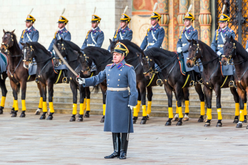 French Republican Guards stand in the courtyard of the Elysee Palace in Paris, France on March 14, 2024.
