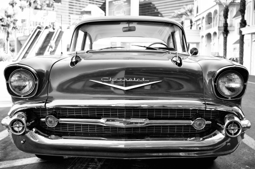 Las Vegas, Nevada, USA - October 15 2012:  The front view of a 1957 Chevrolet Bel Air antique car located in the parking lot of the Flamingo Hotel and Casino.