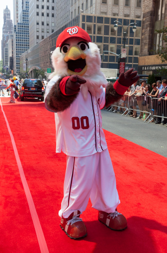 New York, USA - July 16, 2013: Washington Nationals mascot Screech poses on red carpet during the MLB All-Star Game Red Carpet Show along 42nd street on July 16, 2013 in New York