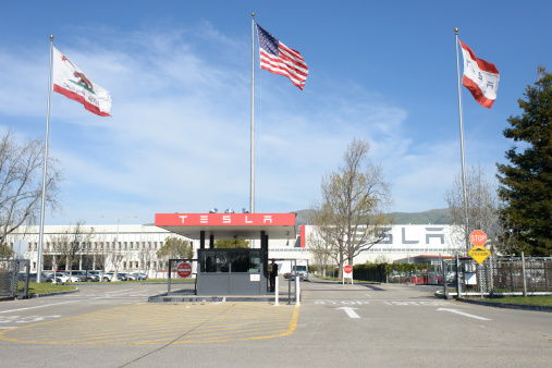 Fremont, California, USA - March 11, 2013: Entrance to the Tesla Motors factory where the Model S is currently being produced.