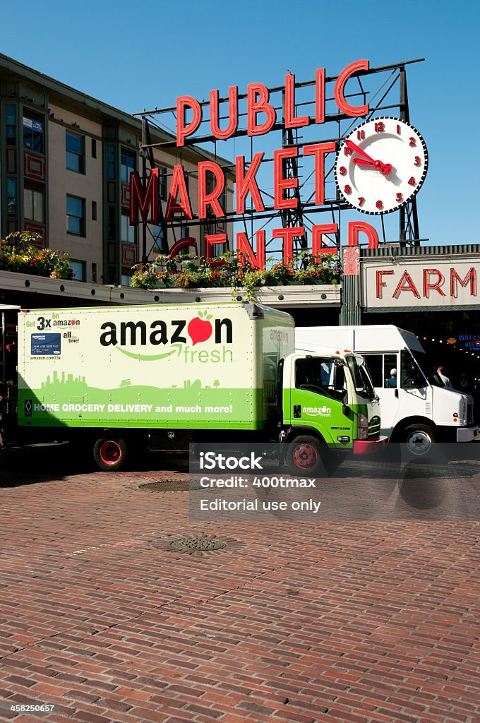 Pike Place Market Seattle, USA - July 23, 2013: An amazon fresh box truck parked at pike place market. AmazonFresh Stock Photo