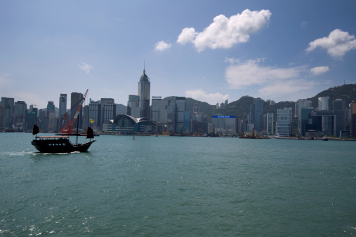 Hong Kong, S.A.R-China - September 14, 2011: Victoria Harbour , boat traveling on left side people in silhouette traveling, commercial area across the bay with such buildings as Olympus, Samsung and Philips.