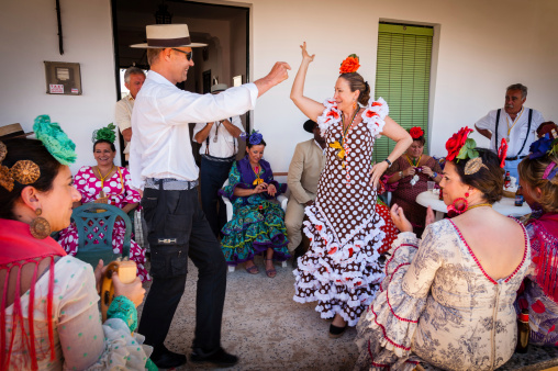 El Rocio, Spain - May 26, 2012: Pilgrims celebrating in flamenco style during the romera in El Rocio.