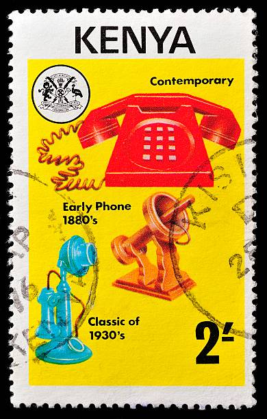 Kenyan Postage Stamp Stockholm, Sweden - February, 10, 2013, KENYA - CIRCA 1976: stamp printed in Kenya, shows different phones, circa 1976. alexander graham bell stock pictures, royalty-free photos & images