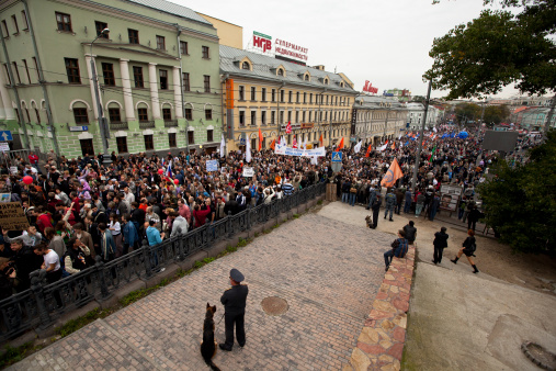 Moscow, Russia - September 15, 2012: Opposition activists and supporters take part in an anti-Putin protest.