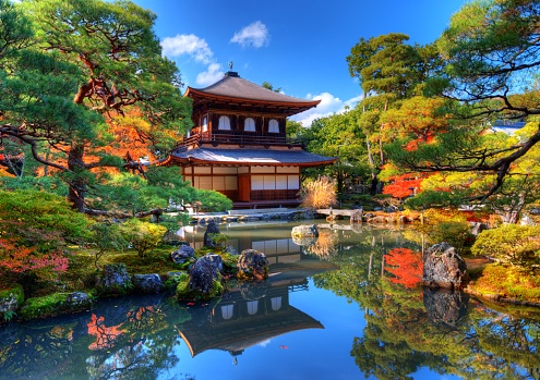 Kyoto, Japan - November 19, 2012: Founded in 1490, Ginkaku-ji shrine is known as the Temple of the Silver Pavilion though plans to cover the structure in Silver-foil overlay were never realized due to a mid-15th century civil war.