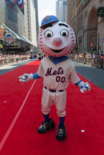 New York, USA - July 16, 2013: New York Mets mascot Mr. Mets poses on red carpet during the MLB All-Star Game Red Carpet Show along 42nd street on July 16, 2013 in New York