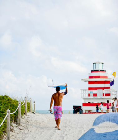 Miami Beach, USA  - January 5, 2013: Surfer going to the beach carrying his surfboard on his head.