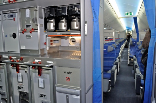 Warsaw, Poland - November 16, 2012: Rear galley and interior of the aircraft photographed during celebrating the First LOT Boening 787 Dreamliner Delivery at Chopin Airport.