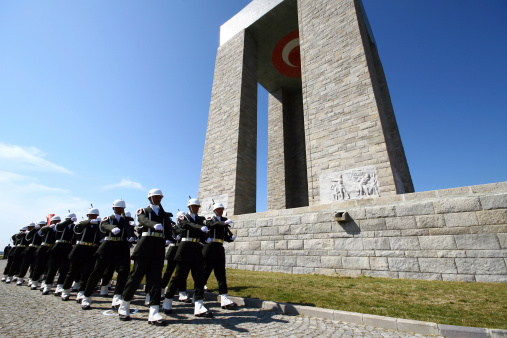 Canakkale, Turkey - March 18, 2008: Turkish armed guard attends commemoration ceremony of the battle of Gallipoli in Canakkale, Turkey.