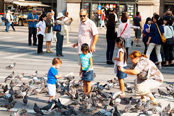 Milan, Italy - Septe,ber, 1st 2013: Scene on square Piazza Duomo with three little children, pidgeons and tourists. Little boy and two Asian girls are standing inbetween pidgeons. A woman is taking photos. A man is watching scene. In background are many tourists, mostly Asian tourists.