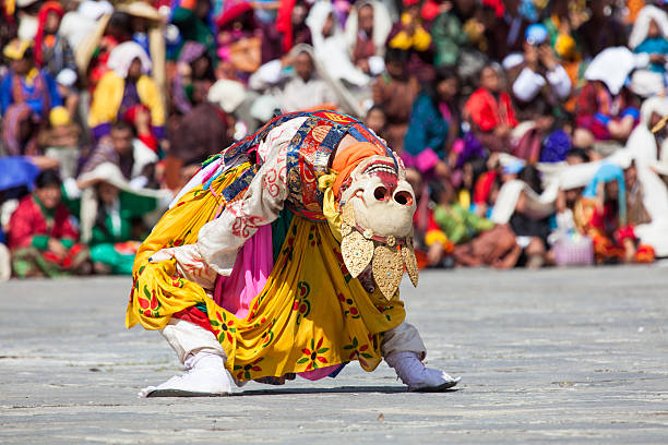 Traditional dance at festival in the Timphu Dzong stock photo