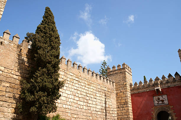 Reales Alcazares (Royal Alcazars) of Seville Seville, Spain - August 12, 2011: Reales Alcazares (Royal Alcazars) of Seville. Detail of the external defensive walls. Built as a moorish fort, this ancient construction, after Christian Reconquista in the middle ages, became a royal palace and it is still used by spanish monarchs. alcazares reales of sevilla stock pictures, royalty-free photos & images