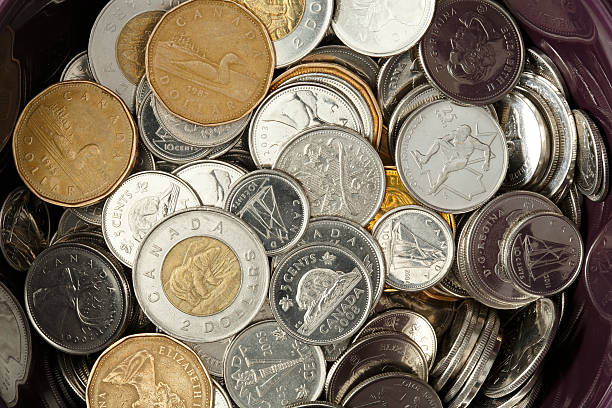 bowl completo de monedas canadiense sin dinero - canadian culture canadian currency canadian dollars currency fotografías e imágenes de stock