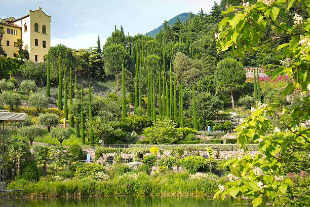 Meran, Italy - July 8, 2013: View to the beautiful Gardens of Trauttmansdorff Castle in Meran (Merano) in South Tyrol, Italy. This is a botanical garden nestled into a natural amphitheatre with an altitude differential of 100 meters in the hill. Colorful flowers and trees from all around the world thrive and bloom in the garden around the small lake. The climate in Meran is Mediterranean.